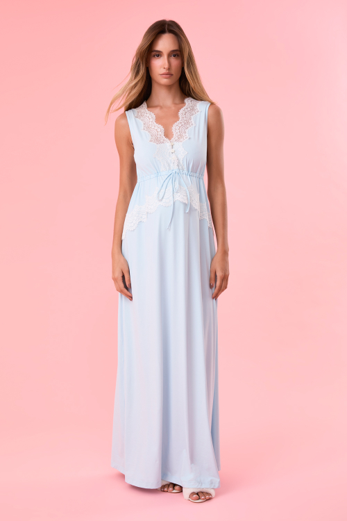 Camisola Longa Botões Malha Fria Lisa Azul Claro