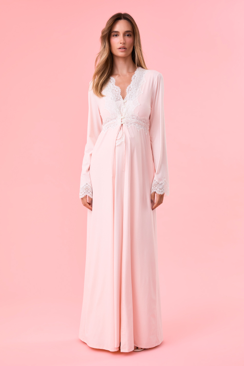Robe Longo Botões Malha Fria Rosa Claro