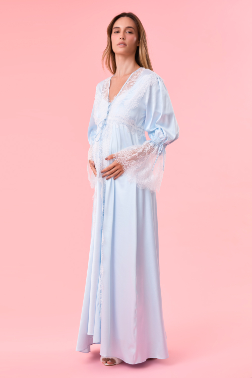 Robe Longo Botões Cetim Azul Claro